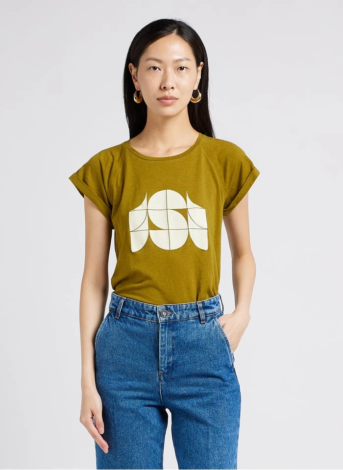 Soeur VALENTINA - T-shirt Met Ronde Hals En Zeefdruk Katoenblend | Kaki