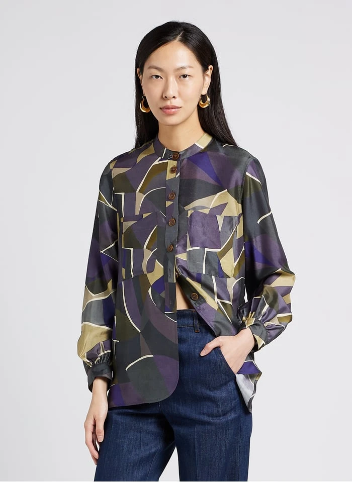 Soeur LAURE - Zijden Blouse Met Opstaande, Ronde Kraag En Bloemenprint | Grijs