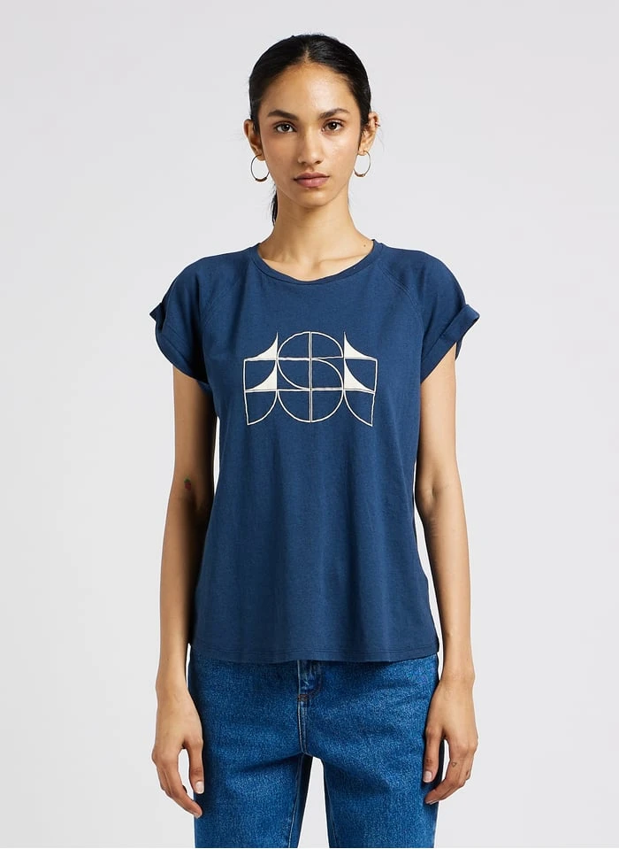 Soeur VALENTINA - T-shirt Met Ronde Hals En Zeefdruk Katoenblend | Blauw